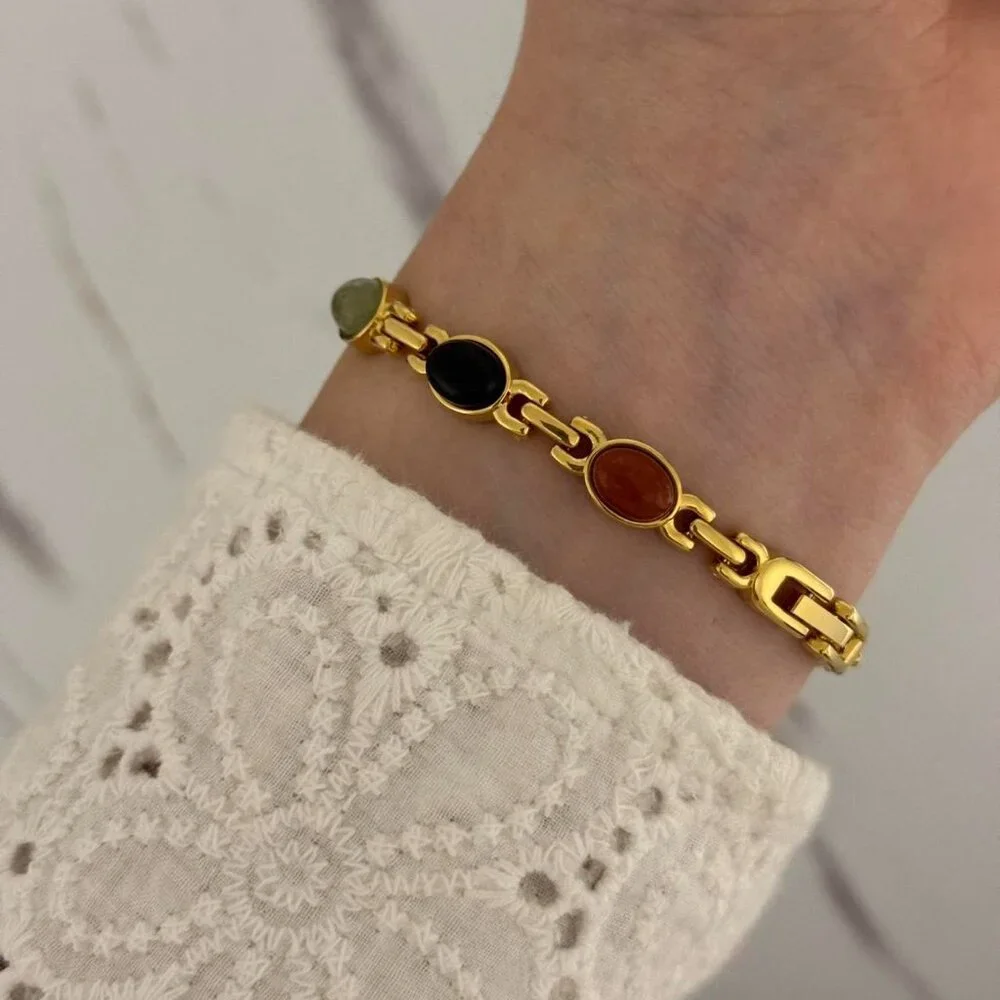 Sku0459 Retro Gold Multicoloured‎ Gemstone Women Watch Bracelet + gift bag